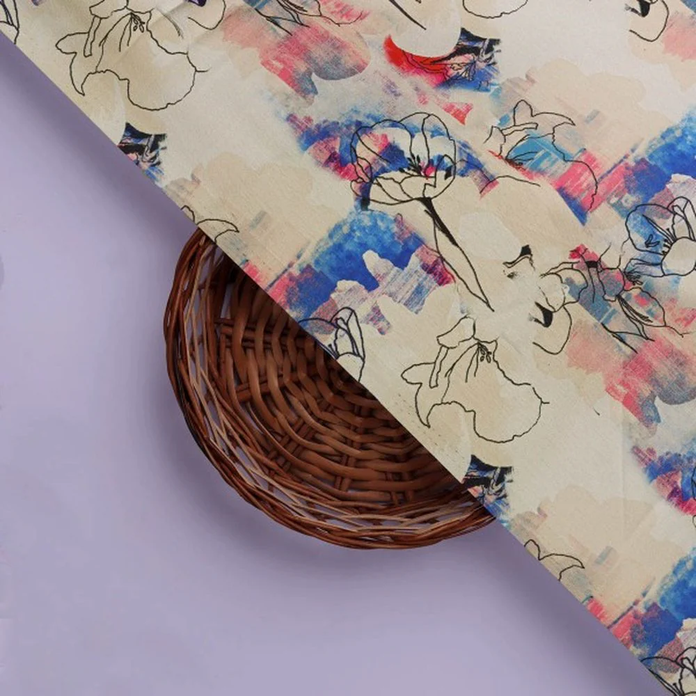 Abstract Floral Sketch Print on Cream Japan Satin Fabric - Image 2