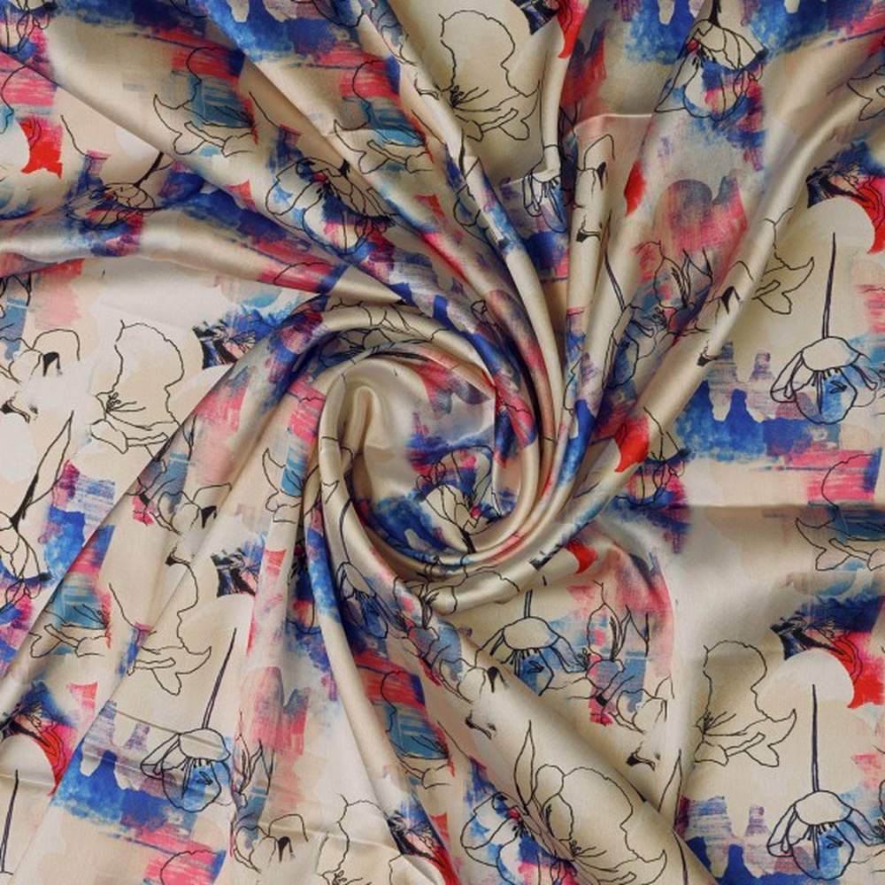 Abstract Floral Sketch Print on Cream Japan Satin Fabric - Image 3