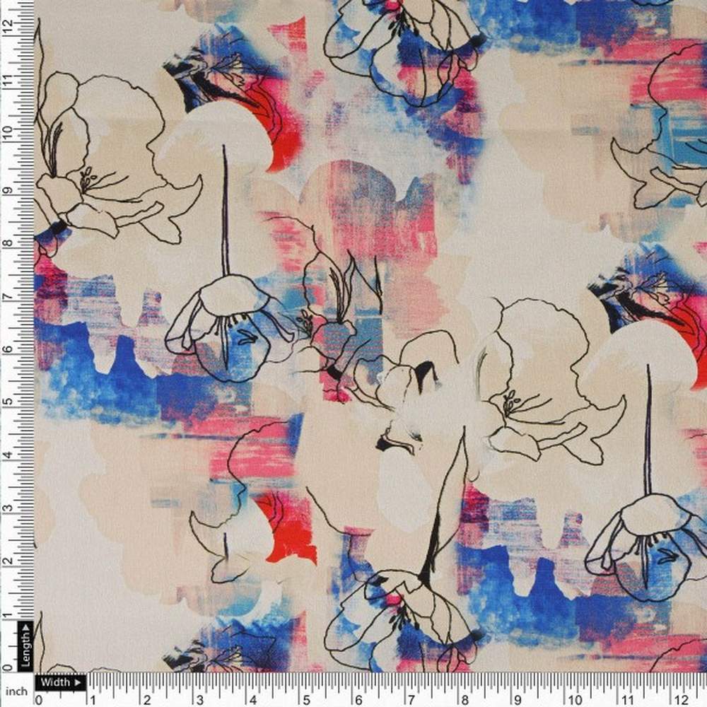 Abstract Floral Sketch Print on Cream Japan Satin Fabric - Image 4