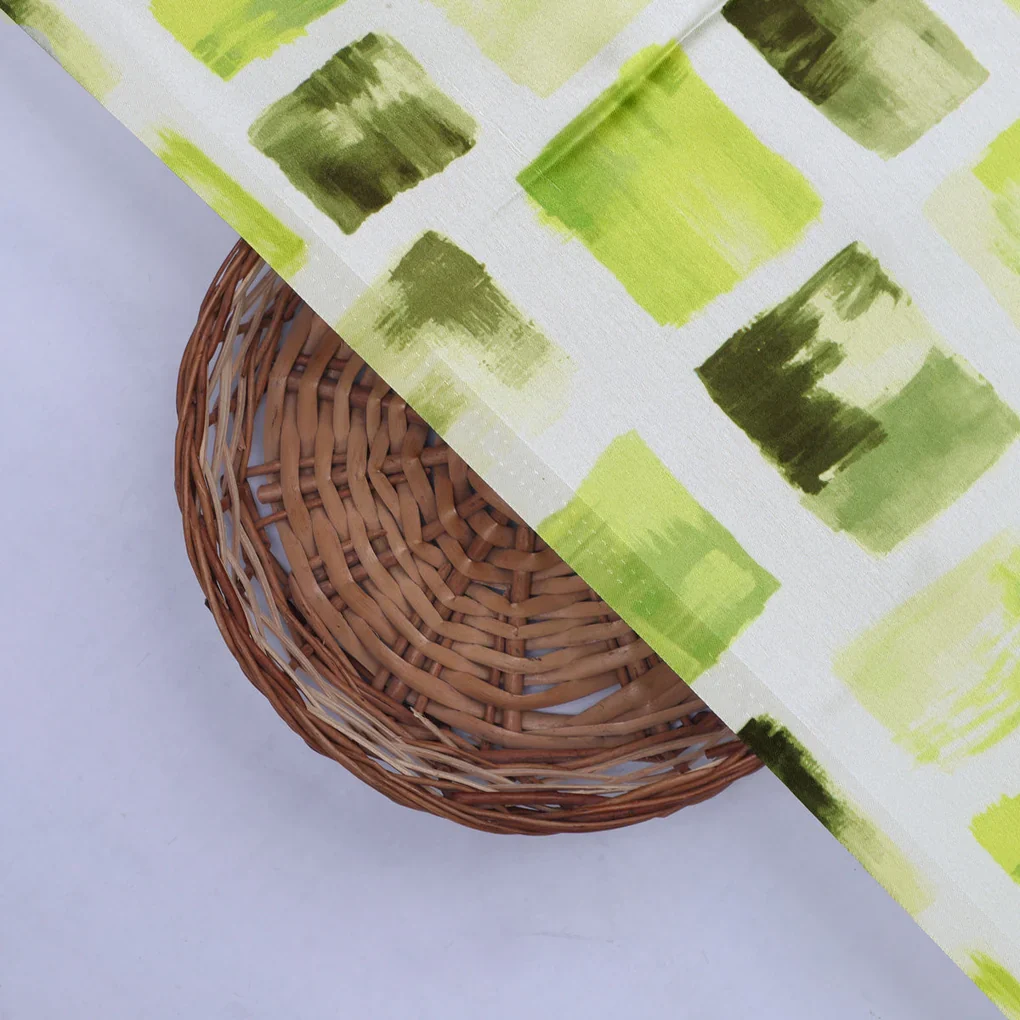 Abstract Green Squares Printed Japan Satin Fabric - Image 2
