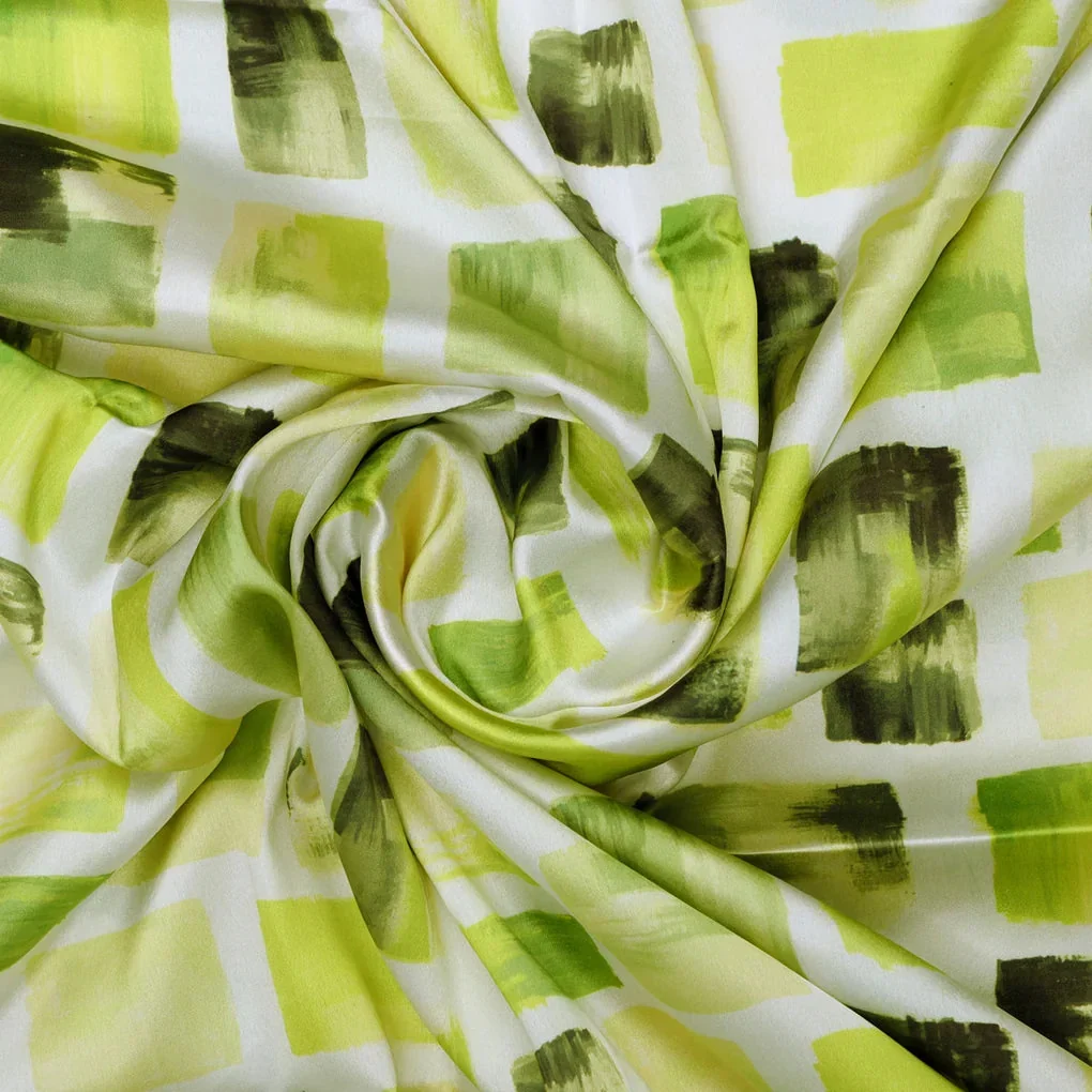 Abstract Green Squares Printed Japan Satin Fabric - Image 3