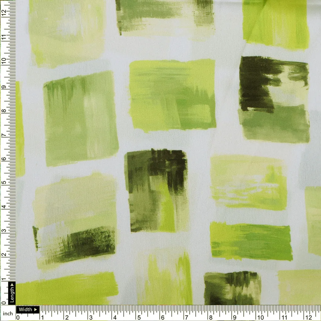 Abstract Green Squares Printed Japan Satin Fabric - Image 4