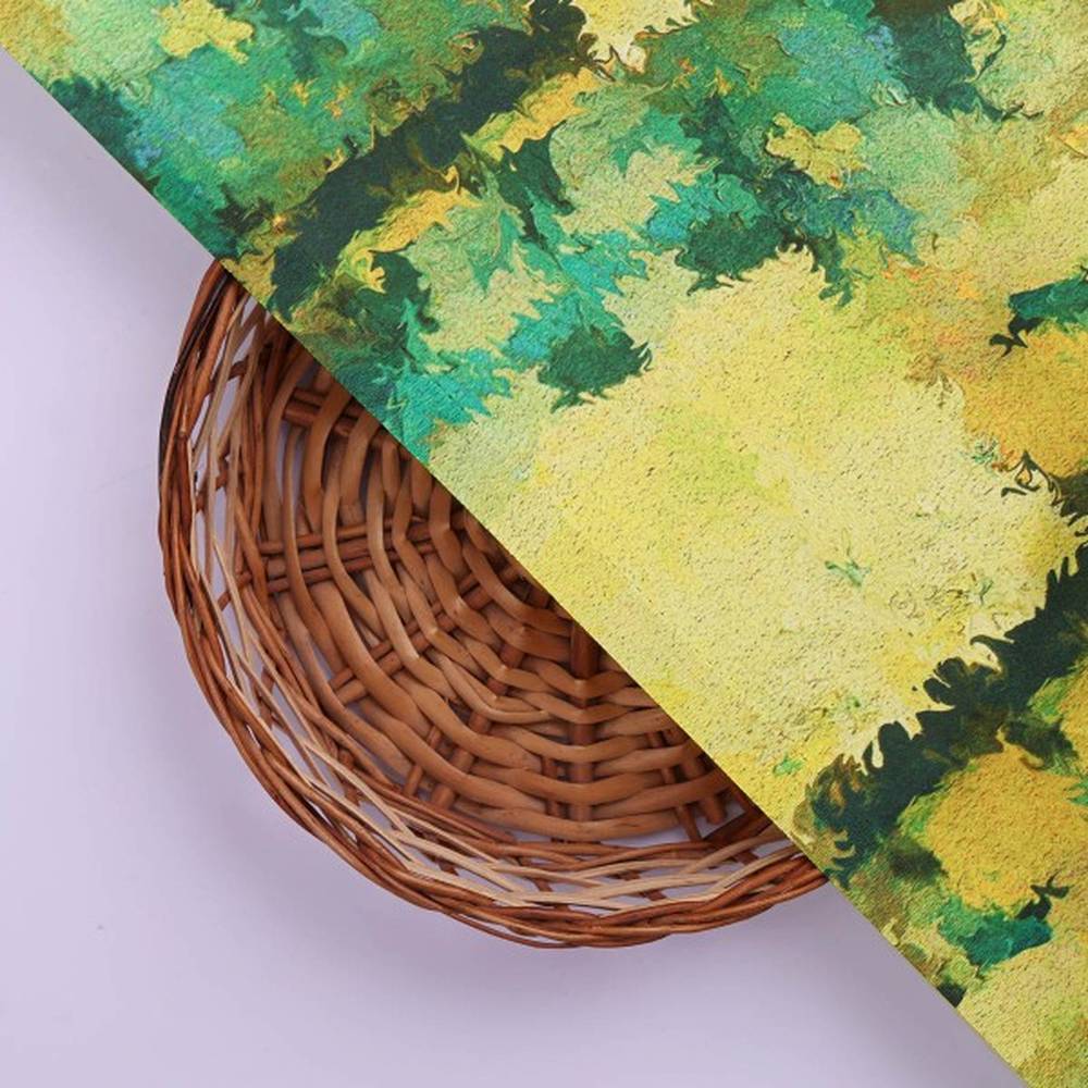 Abstract Green & Yellow Brushstroke Japan Satin Fabric - Image 2