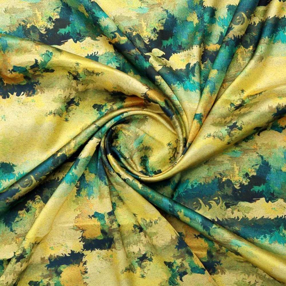 Abstract Green & Yellow Brushstroke Japan Satin Fabric - Image 3