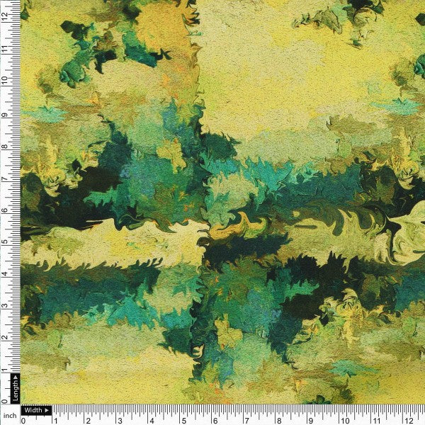 Abstract Green & Yellow Brushstroke Japan Satin Fabric - Image 4