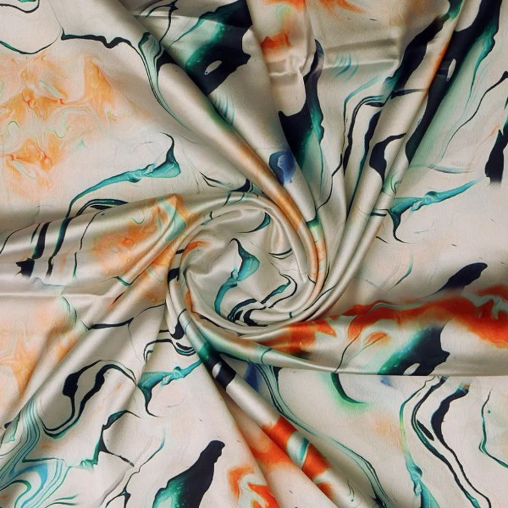 Abstract Marble Print Japan Satin Fabric in Orange & Green - Image 3