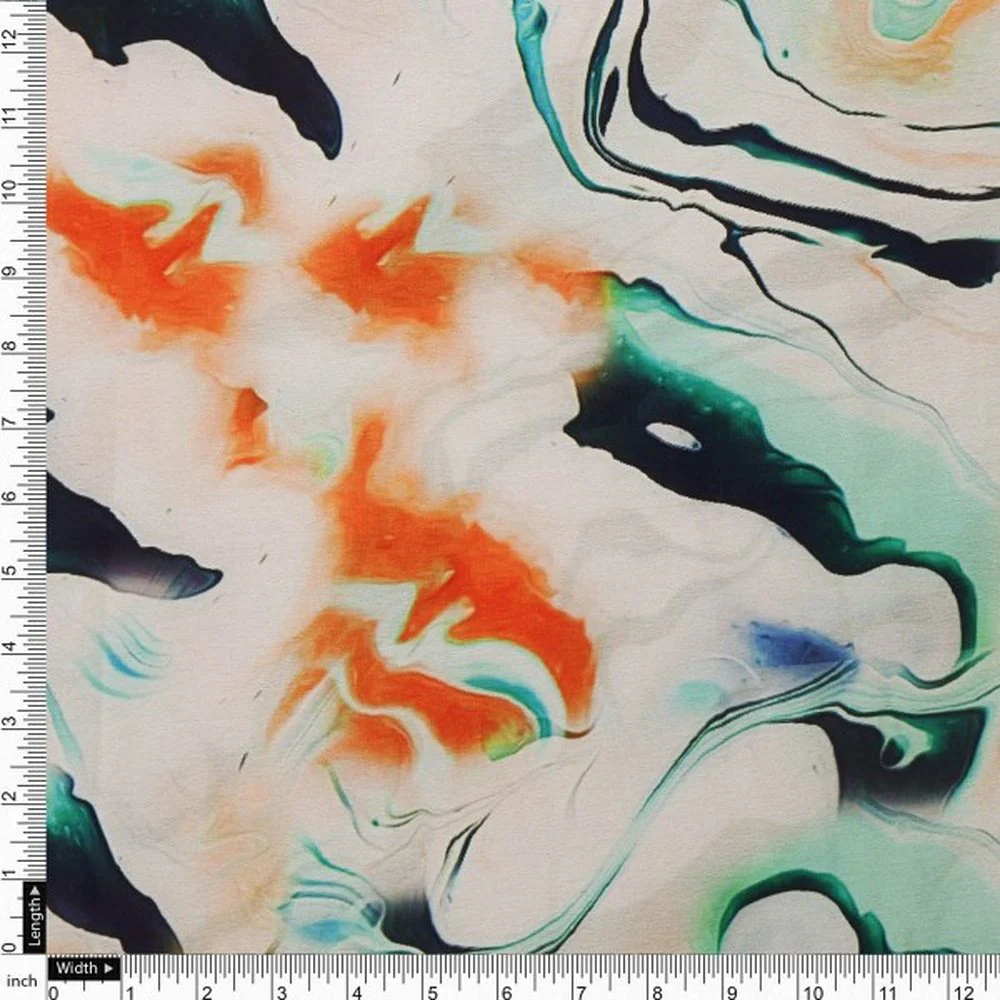 Abstract Marble Print Japan Satin Fabric in Orange & Green - Image 4