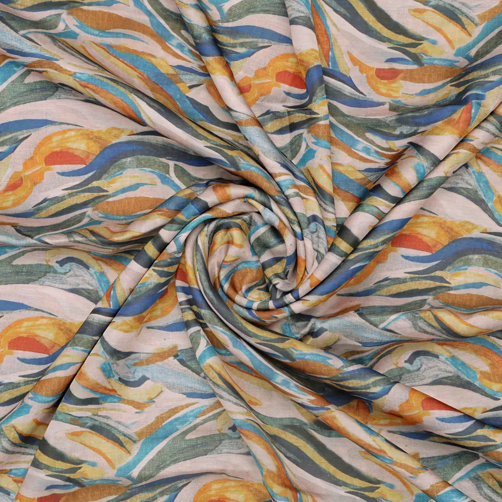 Abstract Print Linen Satin Fabric - Image 2