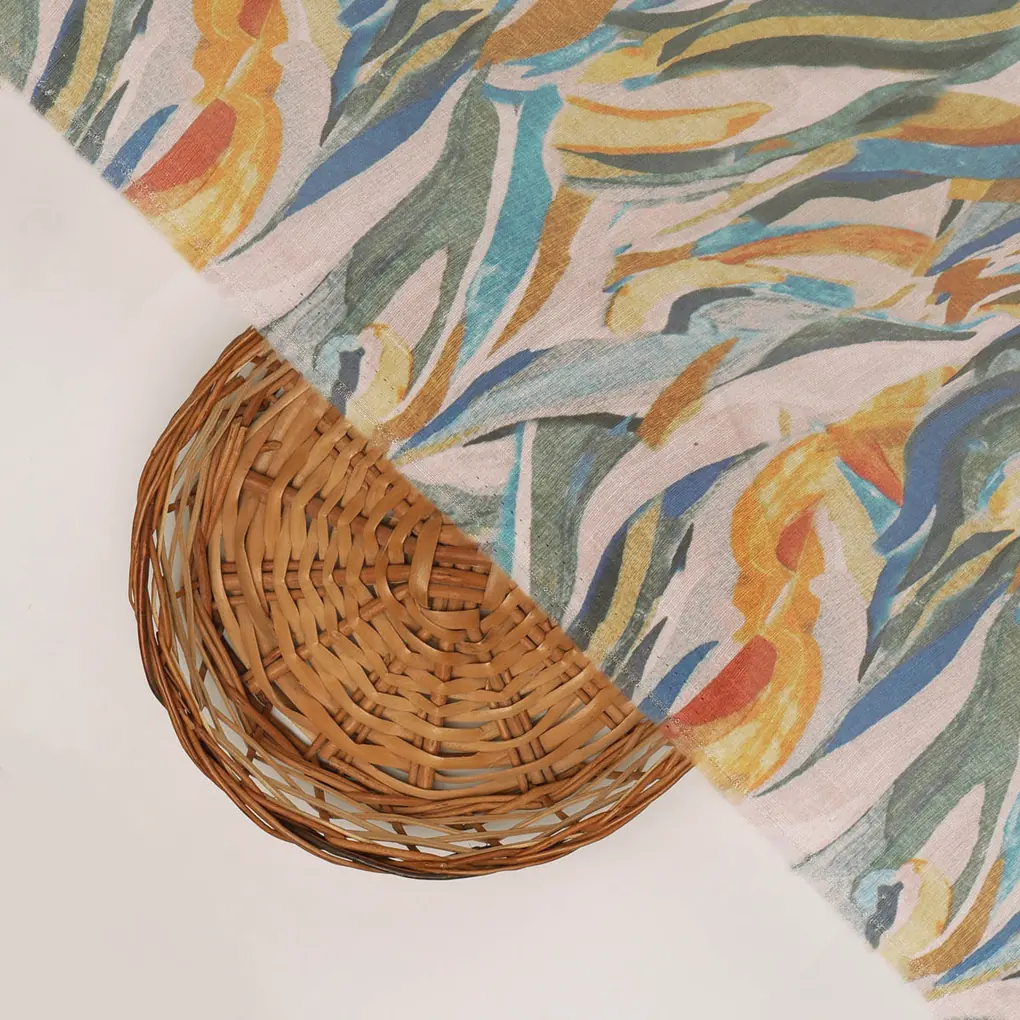 Abstract Print Linen Satin Fabric - Image 4