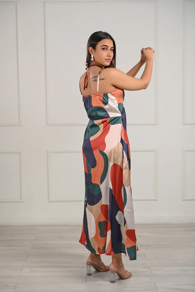 Abstract Print Satin Maxi Dress - Image 4