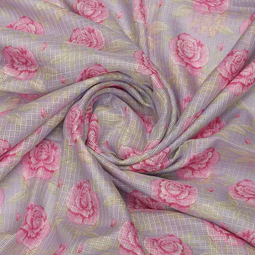 Alluring Purple and Pink Floral Kota Doria Digital Printed Fabric Material - Image 3