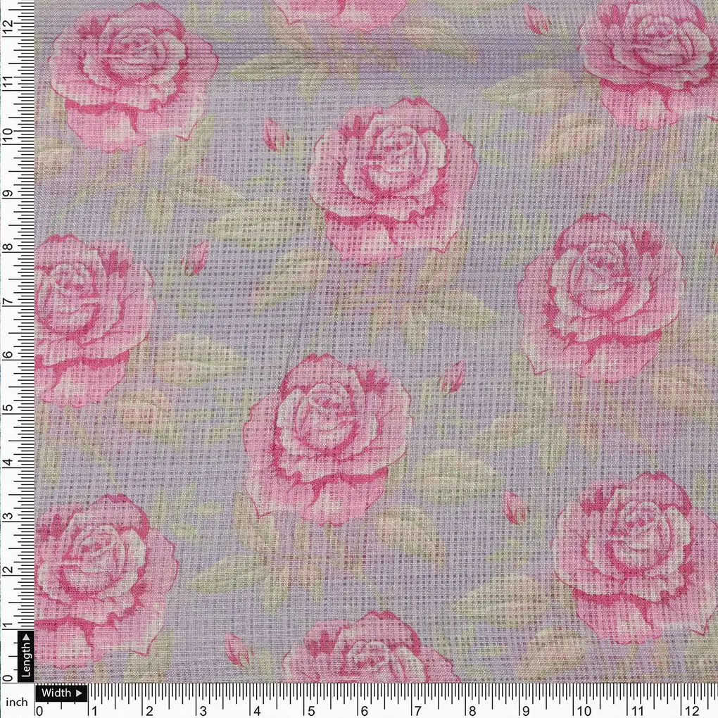 Alluring Purple and Pink Floral Kota Doria Digital Printed Fabric Material - Image 4