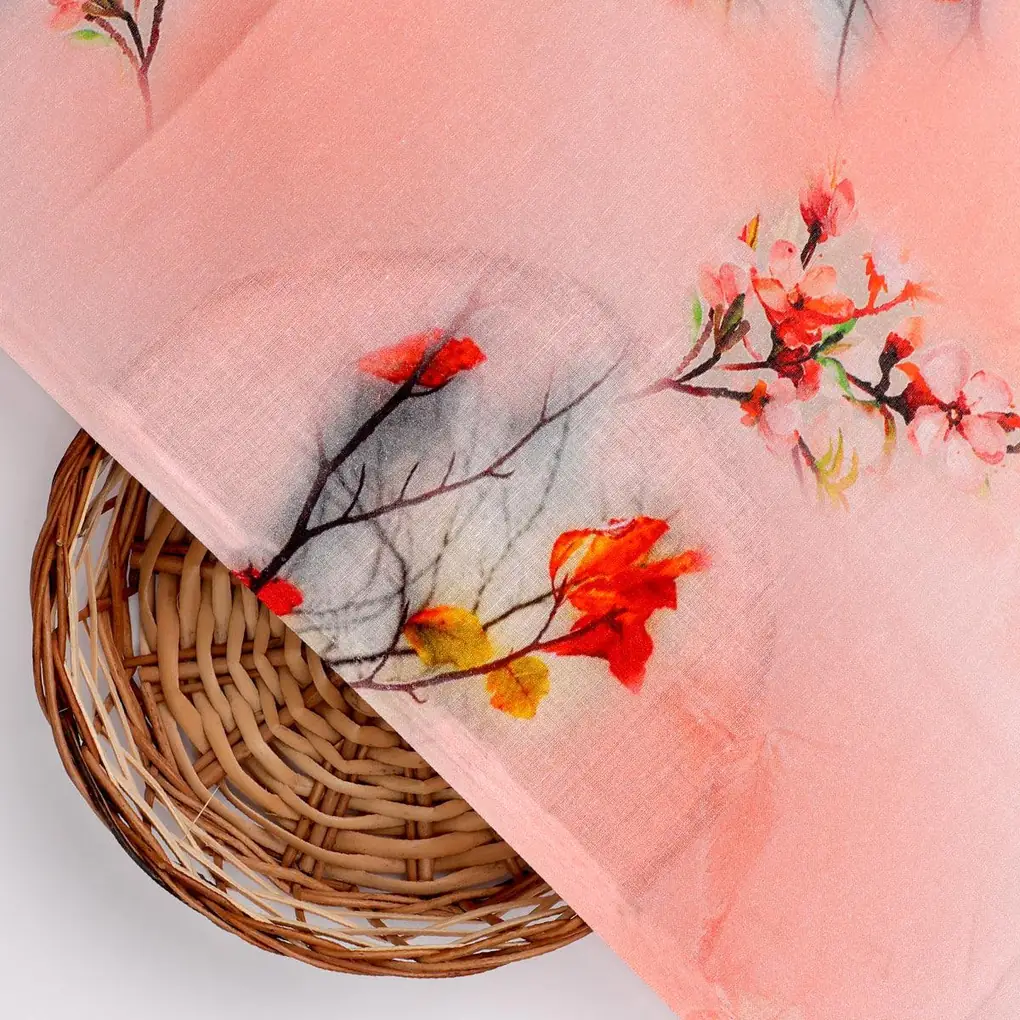Antique Coral Colour Background With Autumn Buds Digital Printed Fabric - Image 2