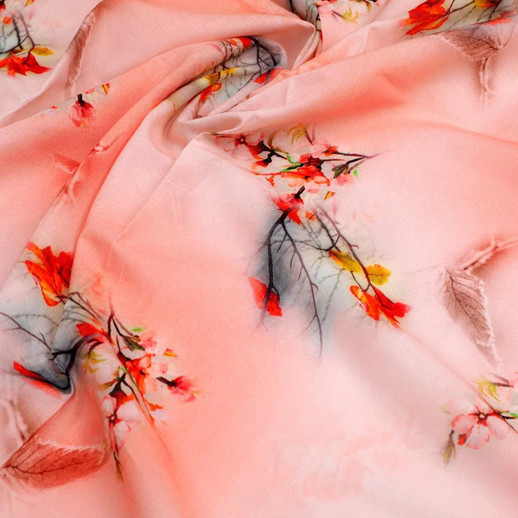 Antique Coral Colour Background With Autumn Buds Digital Printed Fabric - Image 3