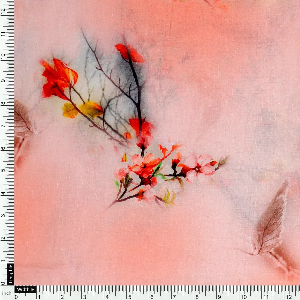 Antique Coral Colour Background With Autumn Buds Digital Printed Fabric - Image 4