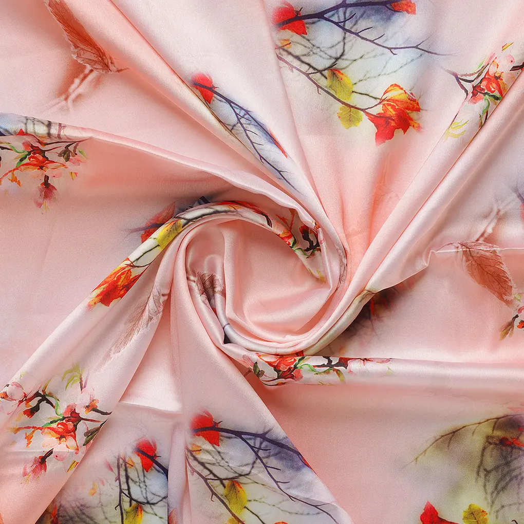 Antique Coral Colour Background With Autumn Buds Digital Printed Fabric - Japan Satin - Image 2