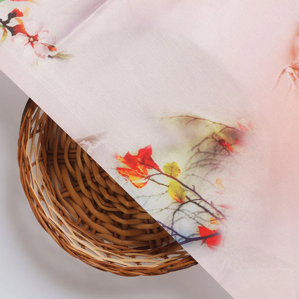 Antique Coral Colour Background With Autumn Buds Digital Printed Fabric - Japan Satin - Image 3