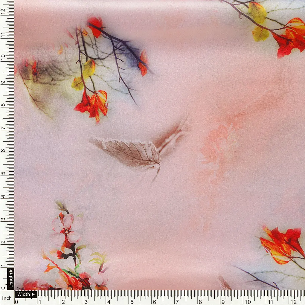 Antique Coral Colour Background With Autumn Buds Digital Printed Fabric - Japan Satin - Image 4