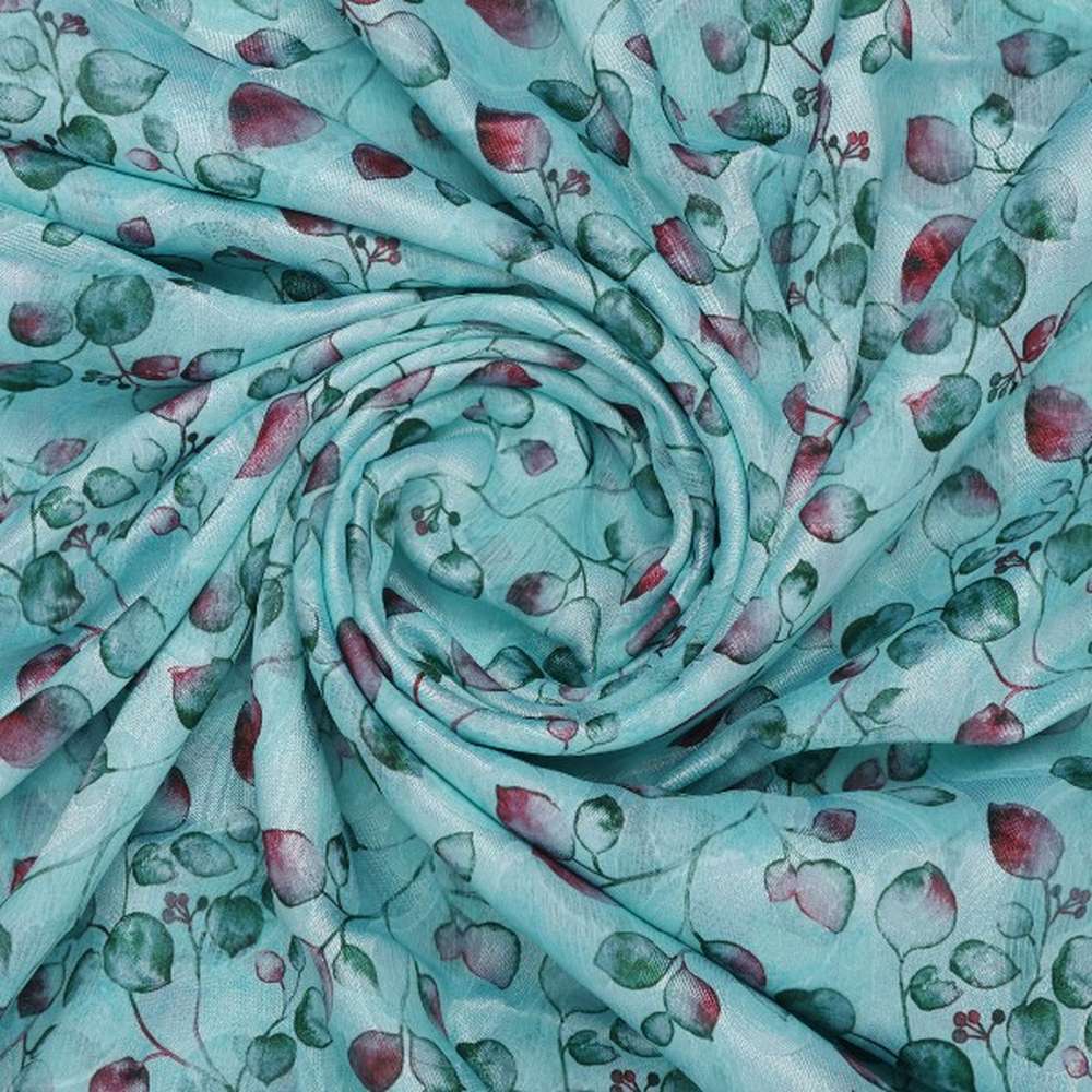 Aqua Blue Brasso Fabric with Watercolour Leaf Print - Image 2