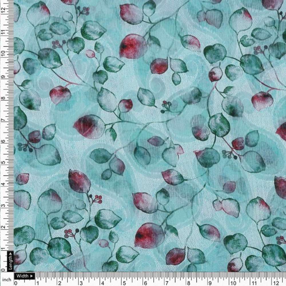 Aqua Blue Brasso Fabric with Watercolour Leaf Print - Image 4