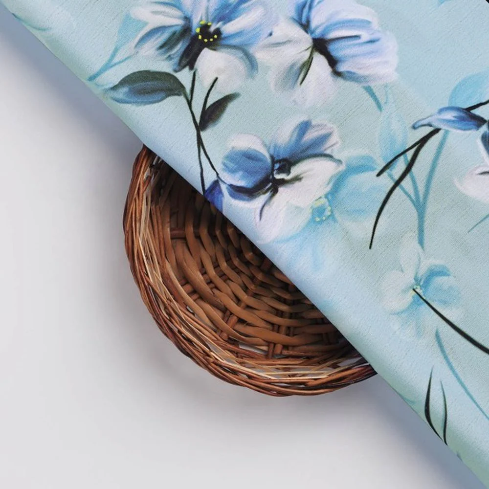 Aqua Blue Floral Printed Polyester Fabric for Dresses - Image 3