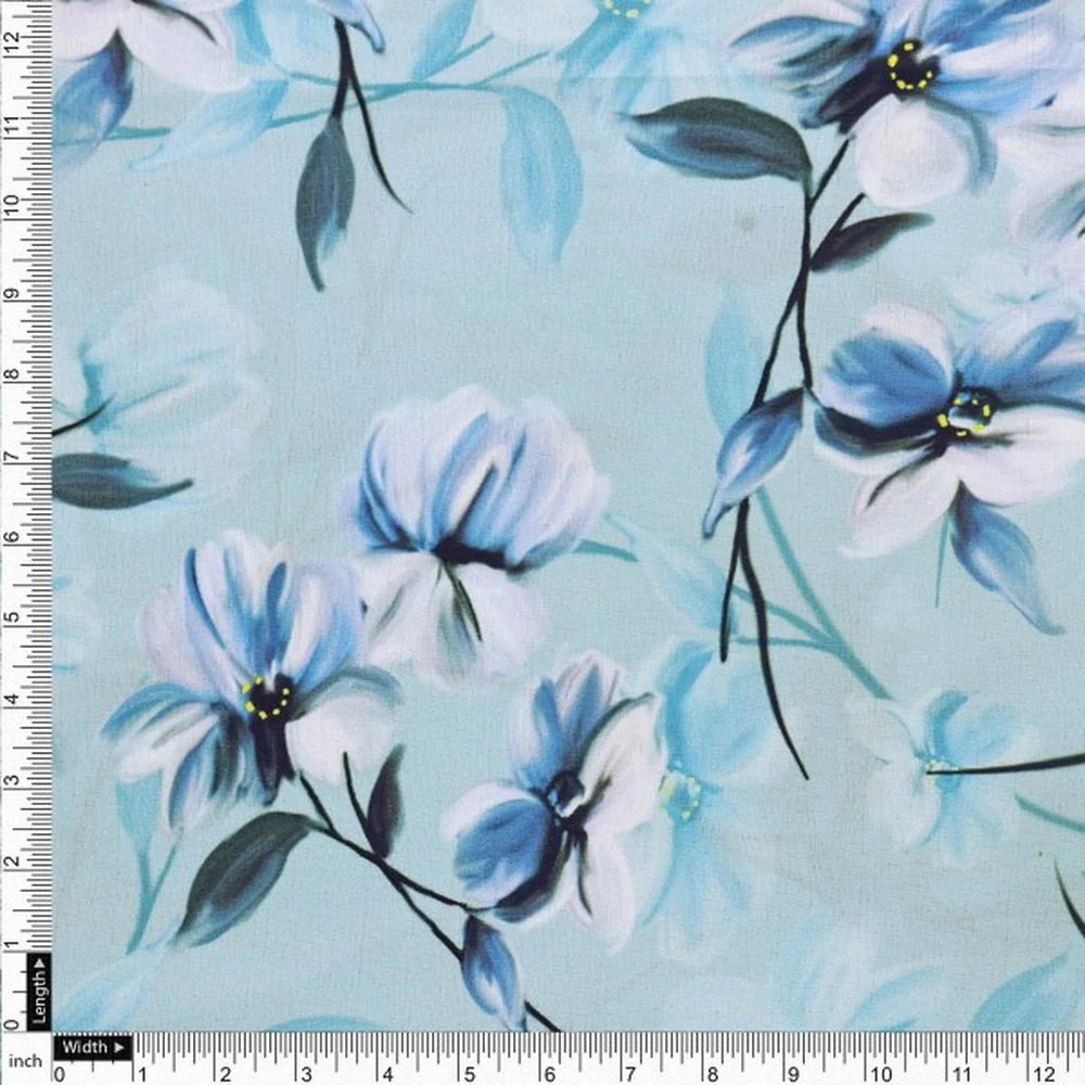 Aqua Blue Floral Printed Polyester Fabric for Dresses - Image 4