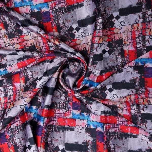 Artistic Brushstroke & Checkered Japan Satin Fabric - Image 2