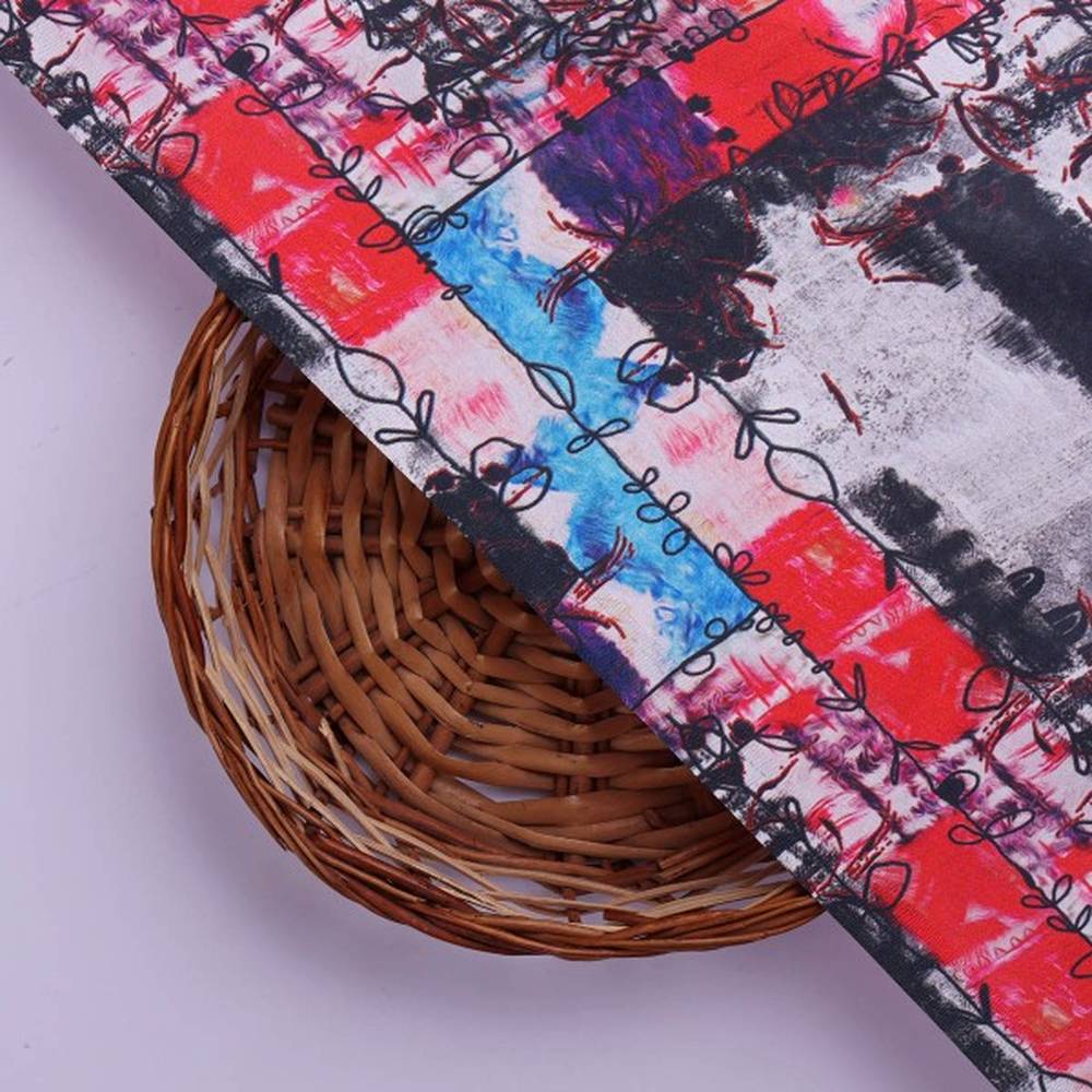 Artistic Brushstroke & Checkered Japan Satin Fabric - Image 3
