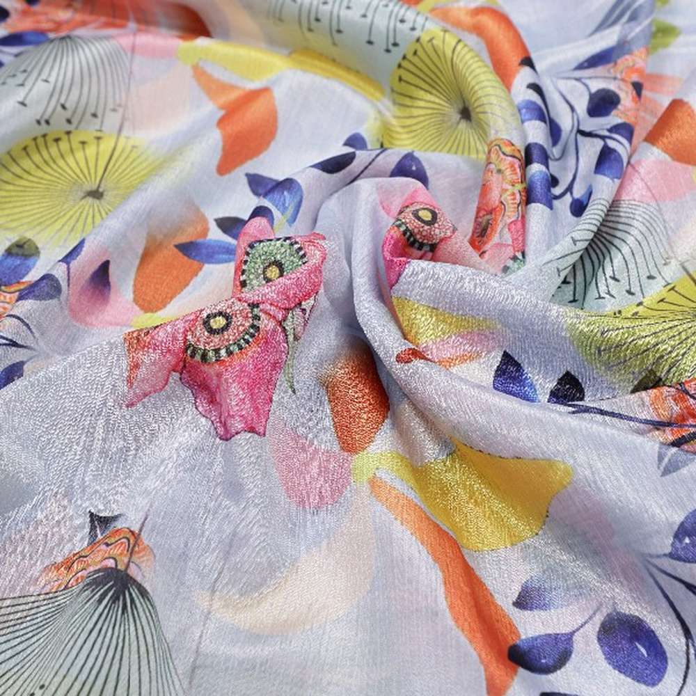 Artistic Floral and Leaf Print on Light Blue Chinon Fabric - Image 2