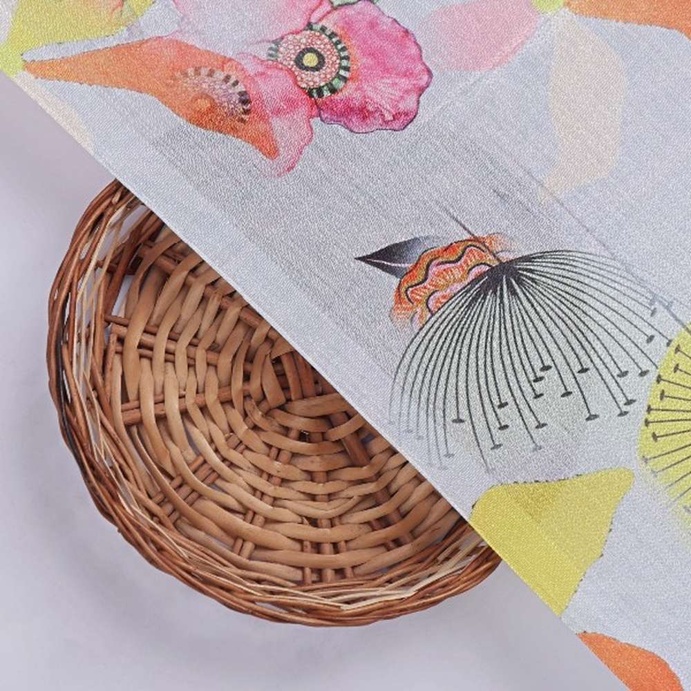 Artistic Floral and Leaf Print on Light Blue Chinon Fabric - Image 3
