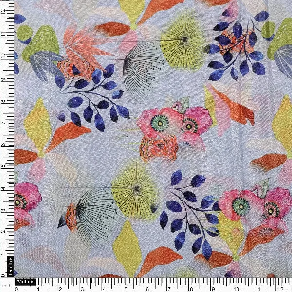 Artistic Floral and Leaf Print on Light Blue Chinon Fabric - Image 4
