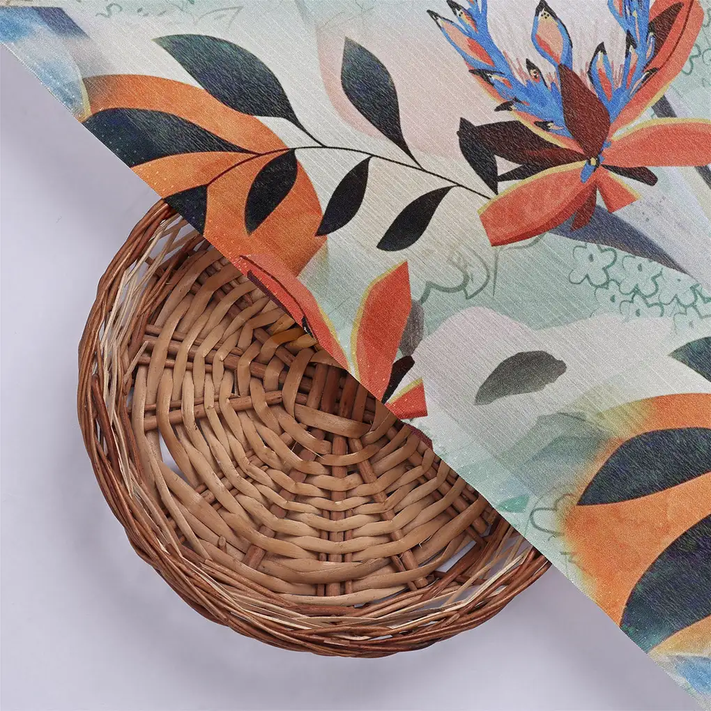 Artistic Floral & Leaf Print on Sea Green Chinon Fabric - Image 2