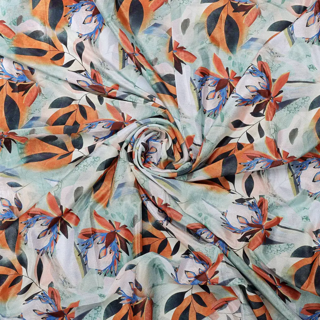 Artistic Floral & Leaf Print on Sea Green Chinon Fabric - Image 3