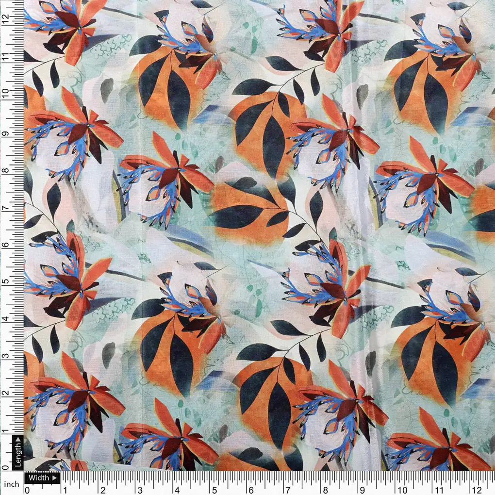Artistic Floral & Leaf Print on Sea Green Chinon Fabric - Image 4