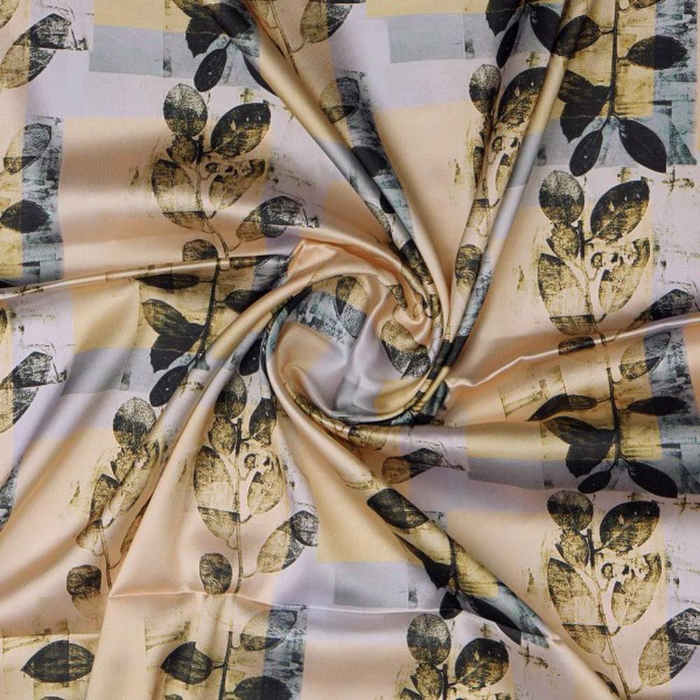 Artistic Leaf Print on Cream & Grey Japan Satin Fabric - Image 2