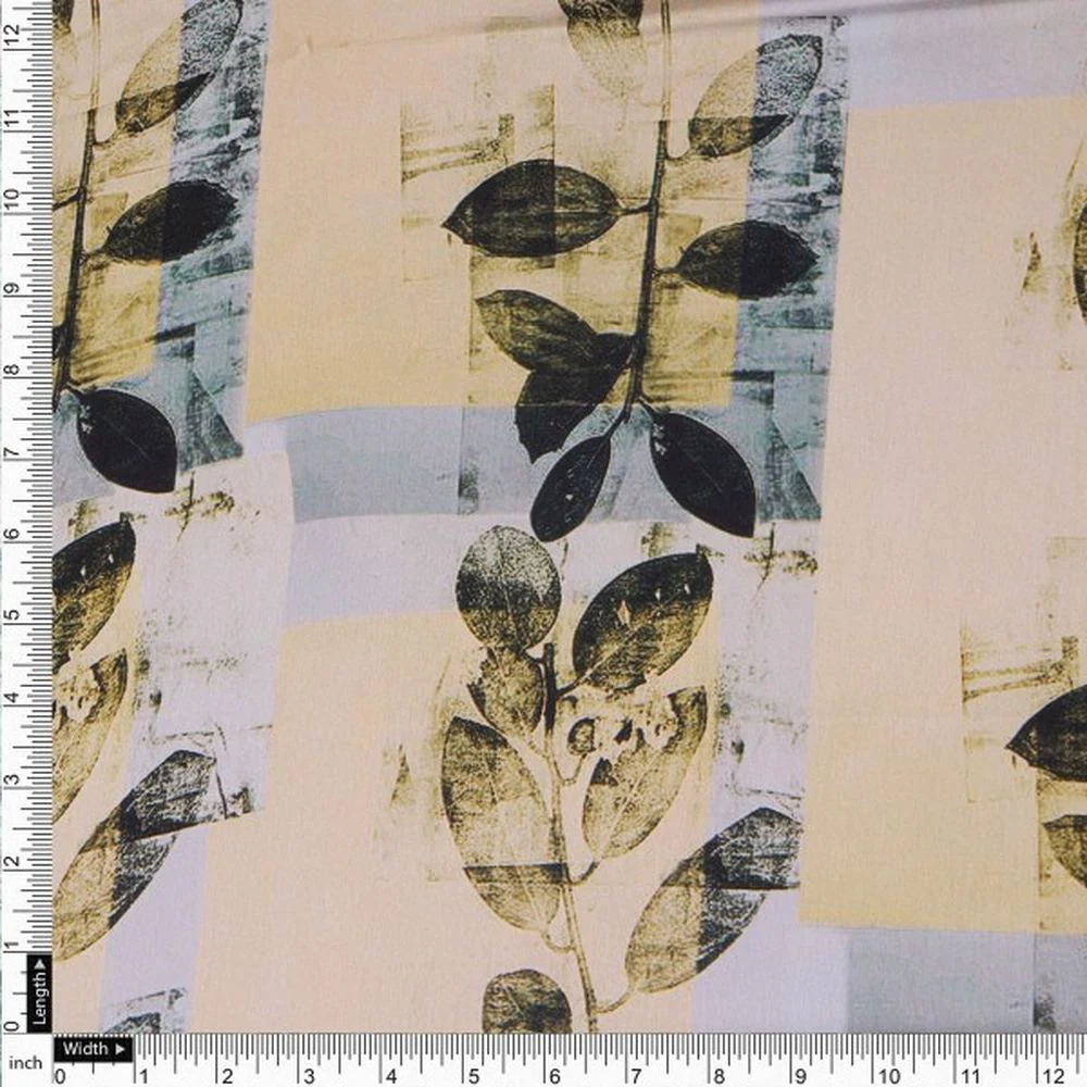 Artistic Leaf Print on Cream & Grey Japan Satin Fabric - Image 4