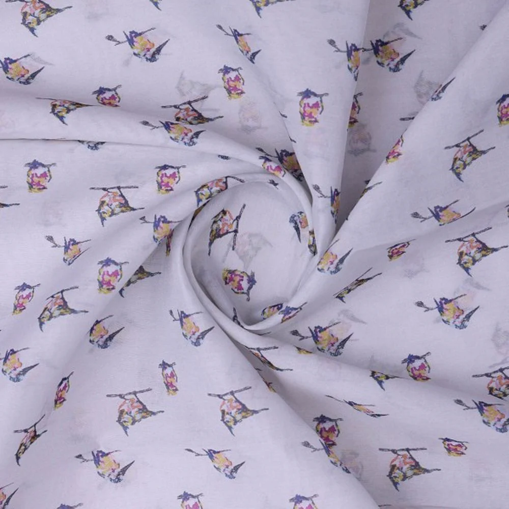 Artistic Watercolour Bird Print on Off White Chanderi - Image 3