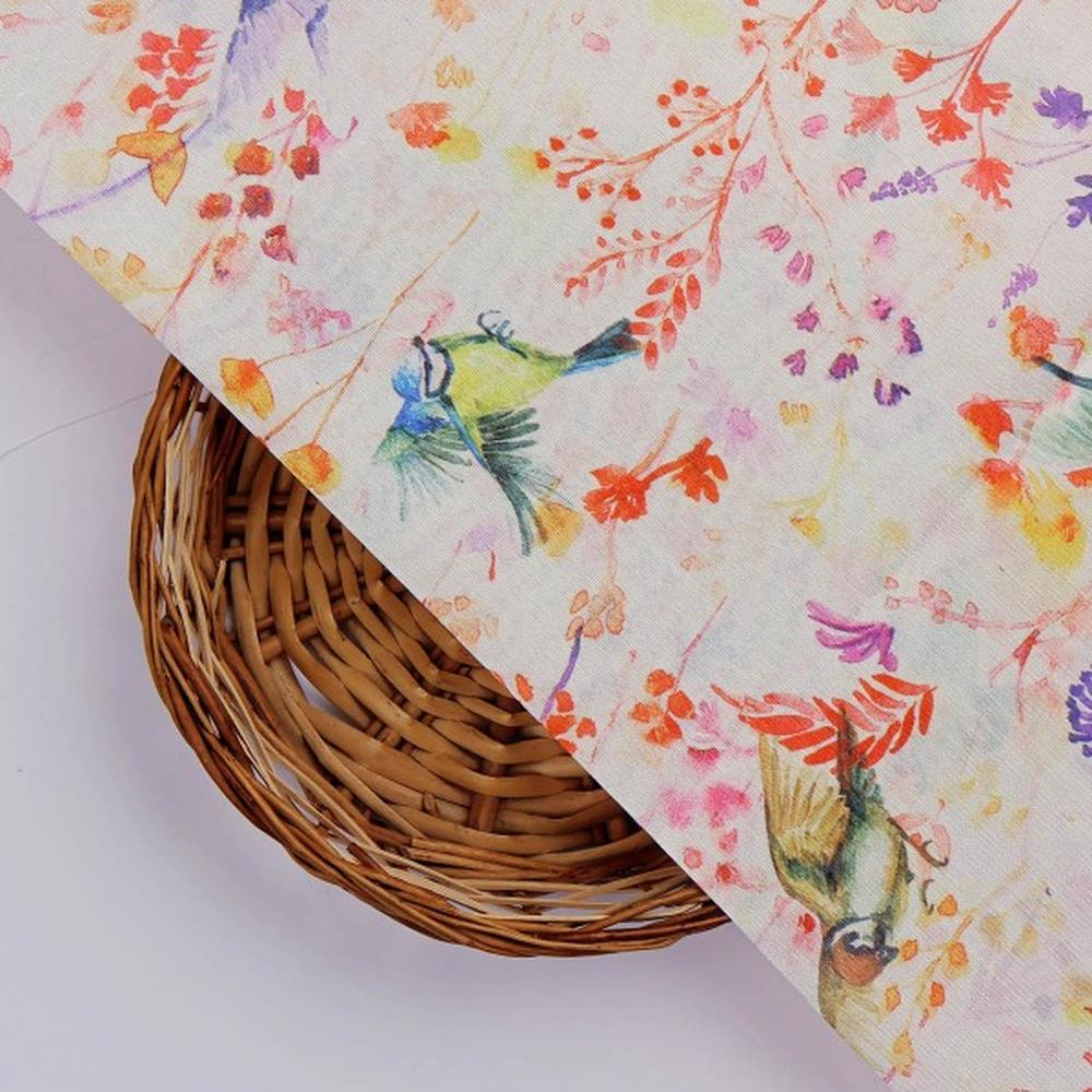 Artistic Watercolour Birds & Floral Tusser Silk Fabric - Image 2
