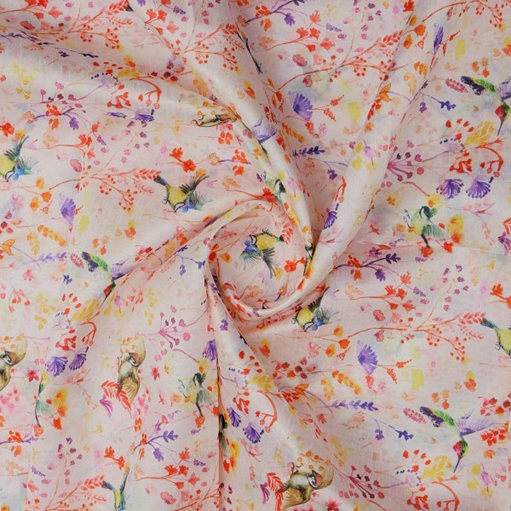 Artistic Watercolour Birds & Floral Tusser Silk Fabric - Image 3