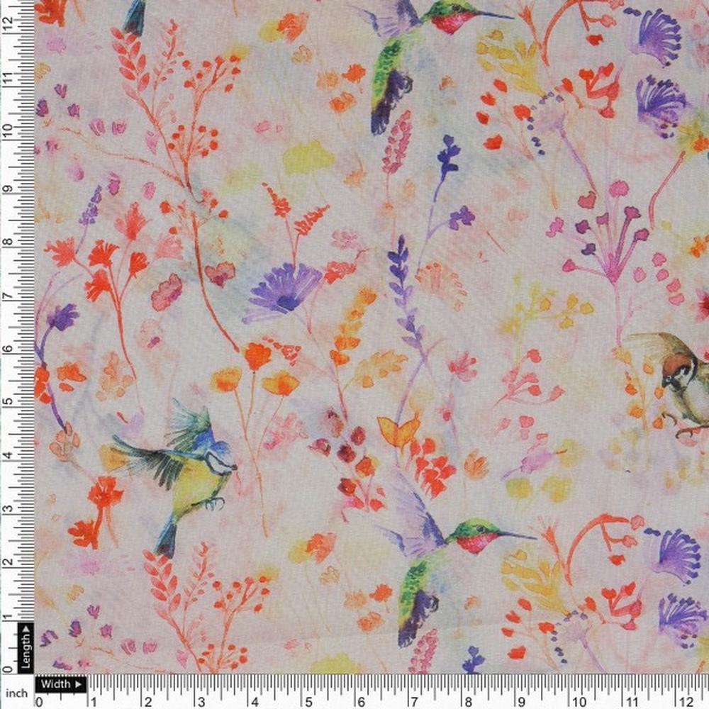 Artistic Watercolour Birds & Floral Tusser Silk Fabric - Image 4