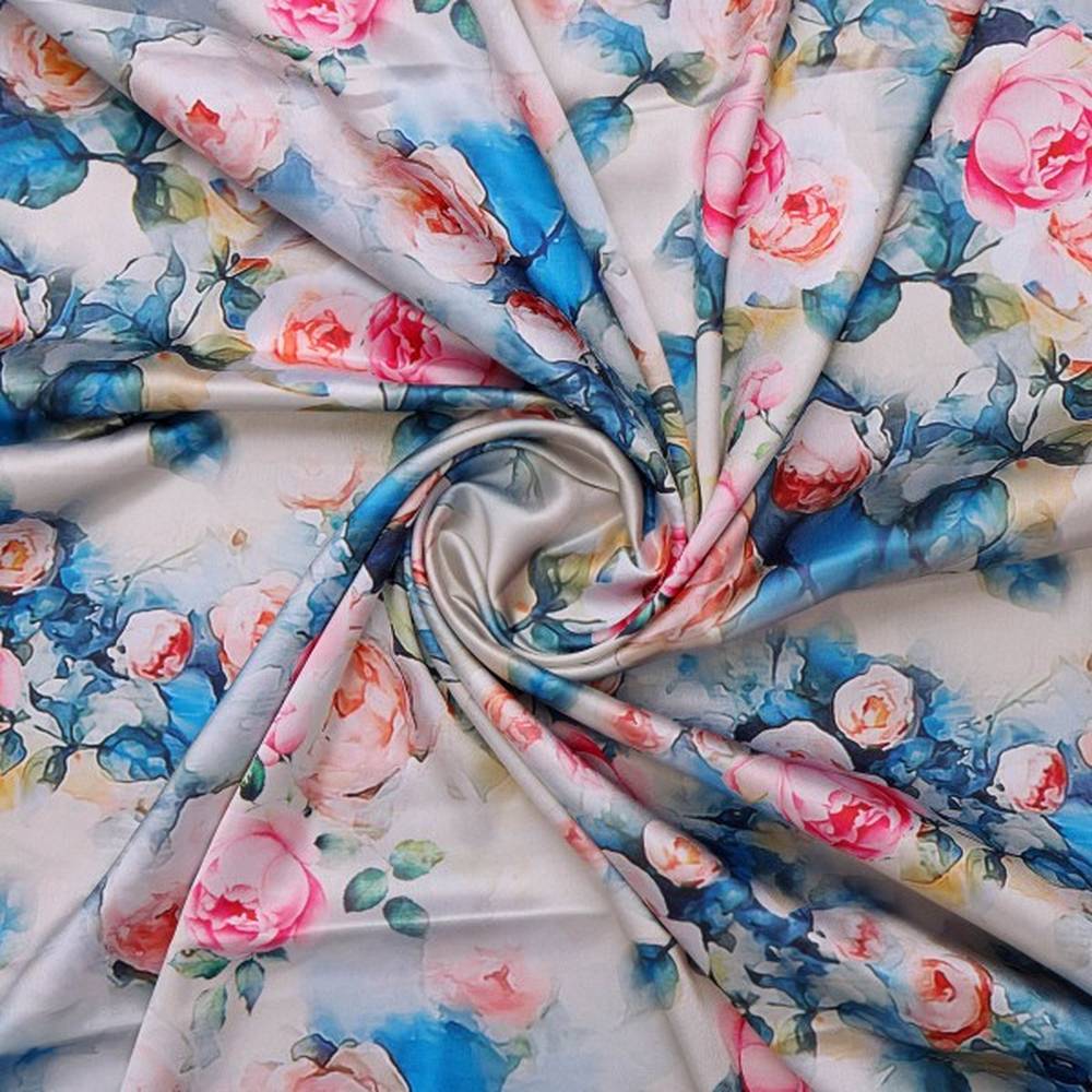 Artistic Watercolour Rose Floral Japan Satin Fabric - Image 2