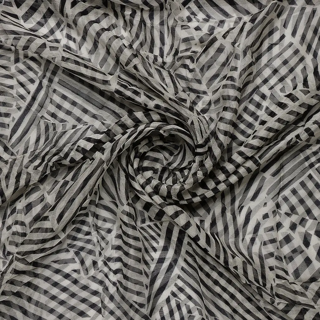 Attractive Black Strips With Bone Colour Digital Printed Fabric - Pure Chiffon - Image 2