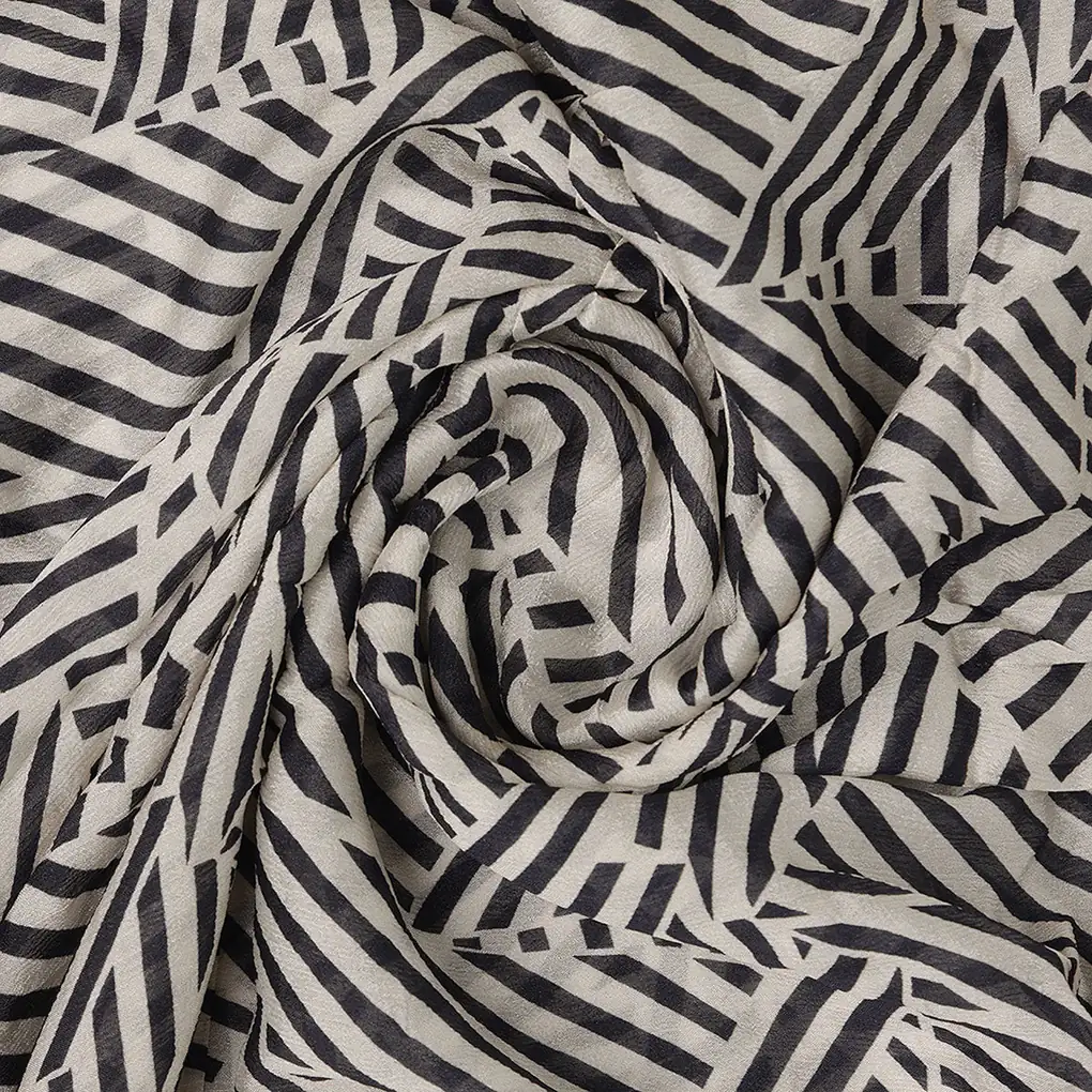Attractive Black Strips With Bone Colour Digital Printed Fabric - Pure Chinon - Image 2