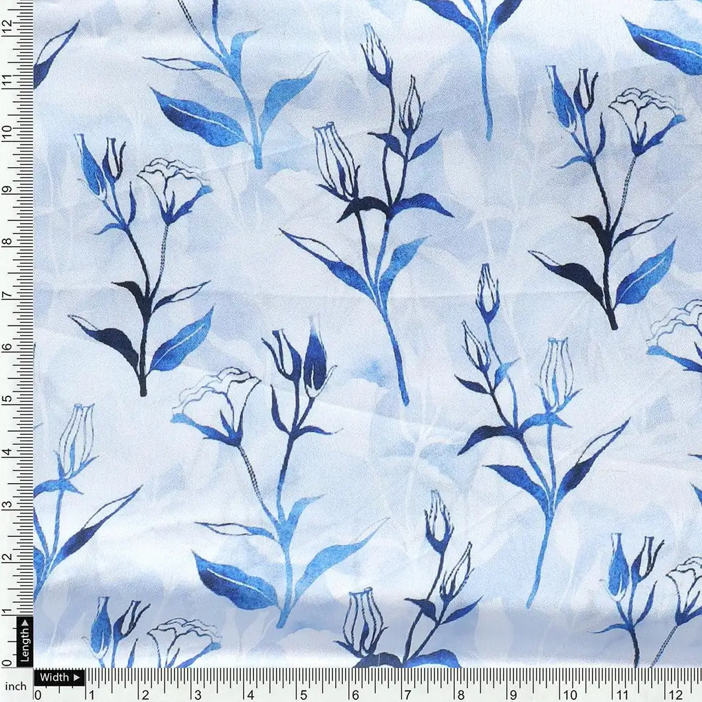 Attractive Blue Bud Water Paint Shadow Digital Printed Fabric - Japan Satin - Image 3