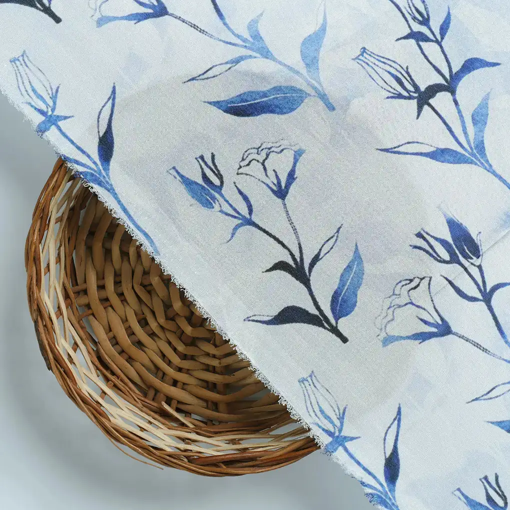 Attractive Blue Bud Water Paint Shadow Digital Printed Fabric - Silk Crepe - Image 3