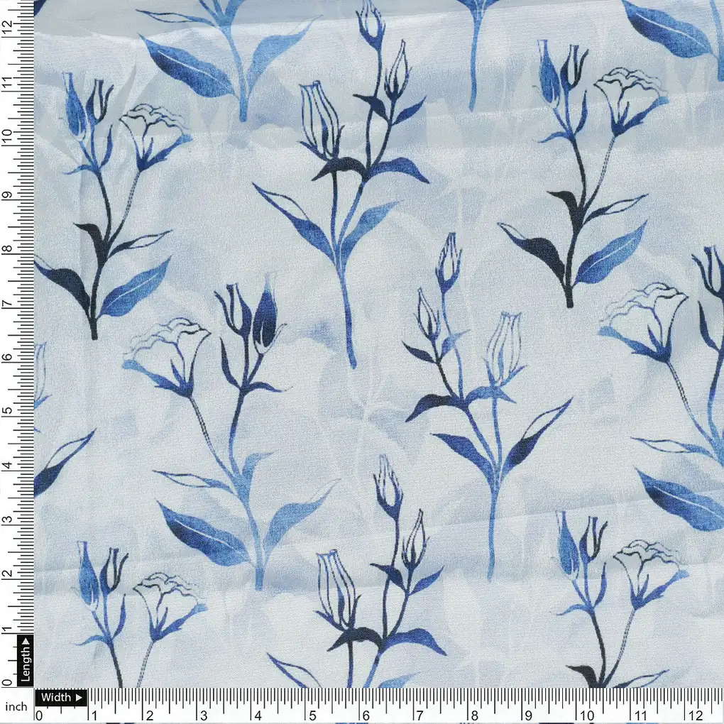 Attractive Blue Bud Water Paint Shadow Digital Printed Fabric - Silk Crepe - Image 4