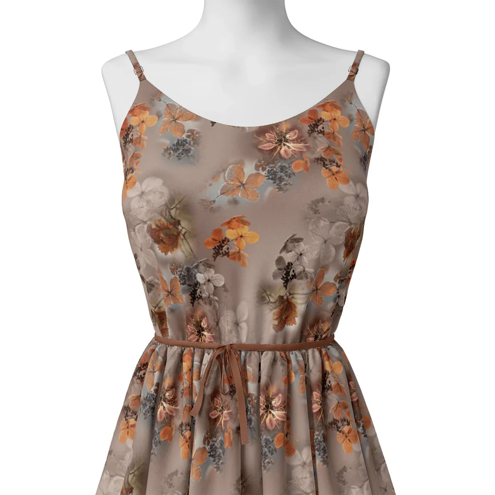 Attractive Brown Periwinkle With Leaves Digital Printed Fabric - Image 2