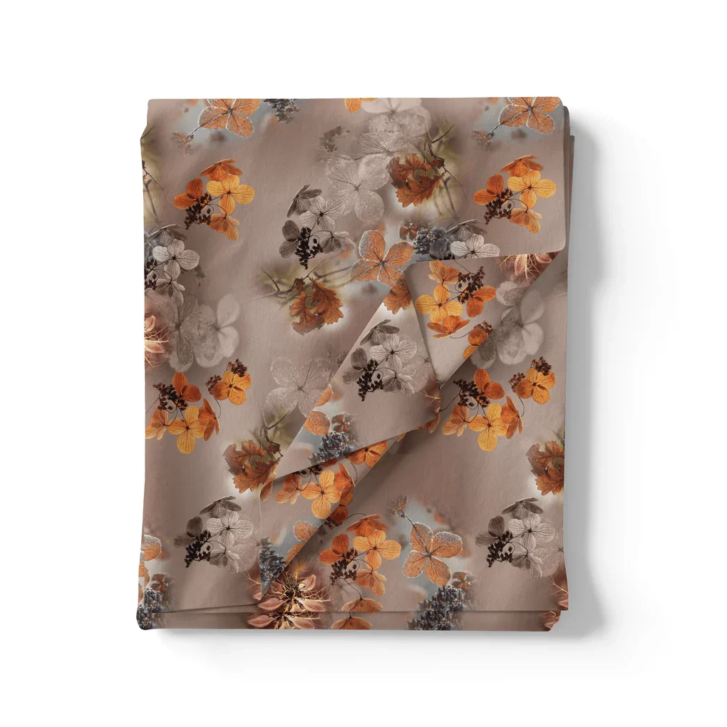 Attractive Brown Periwinkle With Leaves Digital Printed Fabric - Image 3