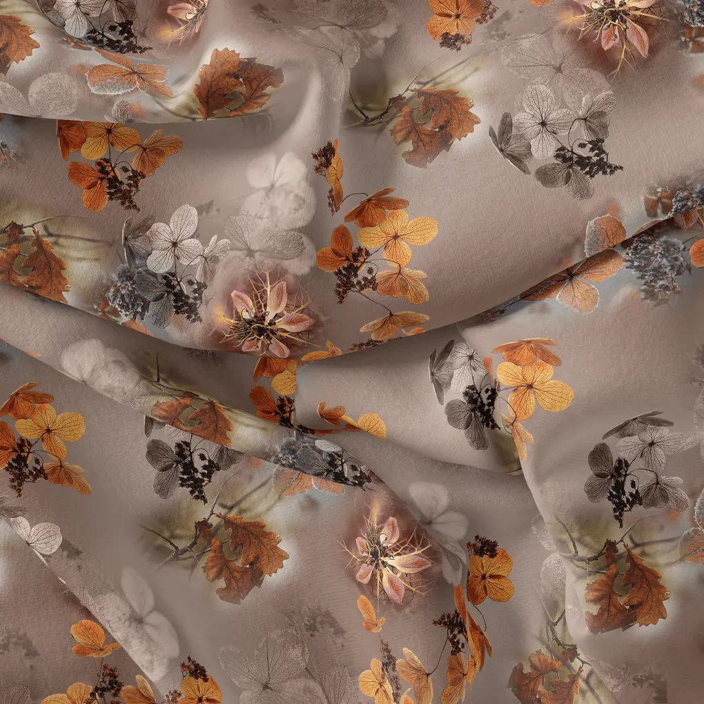 Attractive Brown Periwinkle With Leaves Digital Printed Fabric - Image 4