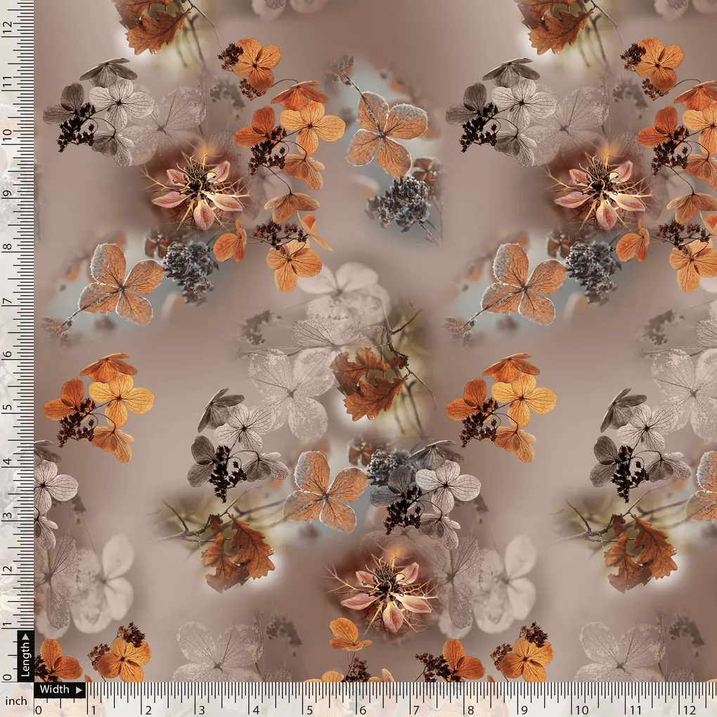 Attractive Brown Periwinkle With Leaves Digital Printed Fabric - Image 5